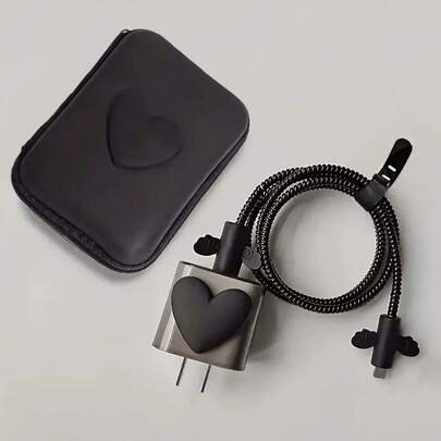 6 piezas Funda protectora de cargador en forma de corazón 3D en color negro, de material TPU, compatible con 16/15/14 Pro Max, 12/11, compatible con carga rápida de 18W/20W, con bolsa de almacenamiento, regalo ideal