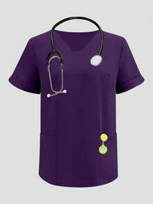 Conjunto de uniforme de pijama médico con top de cuello en V de manga corta y pantalones con abertura en la pierna, con bolsillos, para enfermería, veterinaria, hospital o cuidados privados, primavera - Morado Violeta - Ver 5