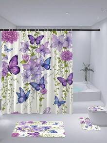 1/4pcs Purple Watercolor Butterfly Print Shower Curtain, Waterproof Polyester Material, Simple Style Home Decor Shower Curtain Set Include Toilet Seat Cover, U-Shaped Mat, Anti-Slip Bath Mat Back To School Bathroom Decor