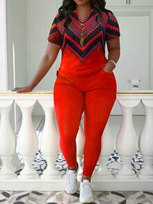 Womens Plus Size Bohemian Two Pieces Set Casual , V Neck Short Sleeve Top & Pants Outfits For Spring, Fall & Summer, Comfortable Polyester For Casual Attire, Versatile Clothing, Women'S Plus Size Clothing - Đỏ - Xem 3