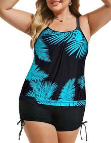 Womens Plus Size Striped Printed Strappy Tankini Top With Shorts Two Pieces Swimsuit - Blue Leaves2 - View 2