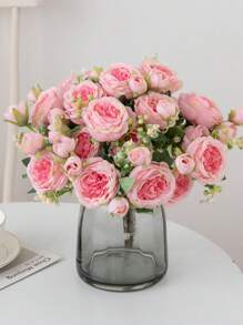 1 束人造牡丹丝绸花仿牡丹花束插花农舍家居波西米亚风婚礼餐桌中心装饰，假塑料花散装花瓶装饰 - 粉色 - 查看 4