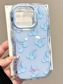 1pc Aesthetic Thin Sky Blue Personalized Line Design Phone Case Compatible With IPhone 16, 15, 14, 13, 12 Pro Max, 11, Korean Cute Shock-Proof Phone Cover, Gift For Girls, Compatible With IPhone 17/17 Pro/17 Pro Max/17 Air - Full Screen Of Cherries - View 1