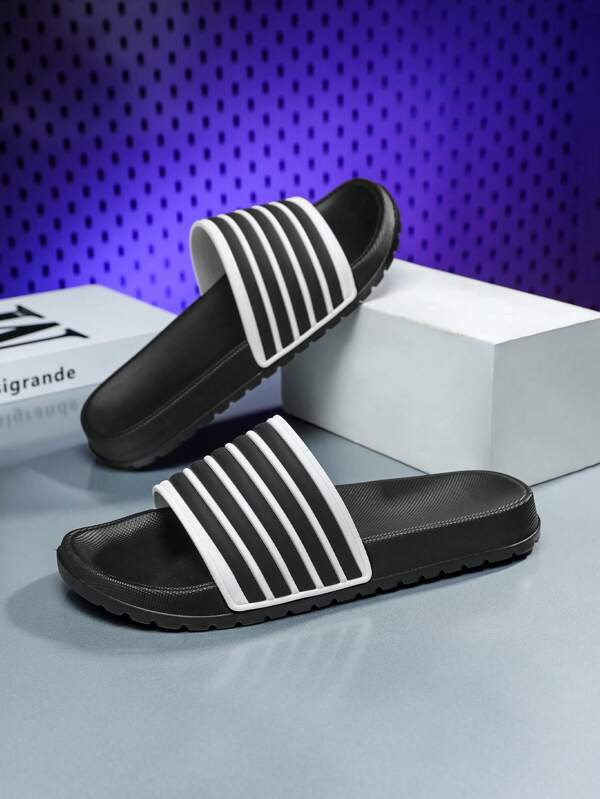 Cómodas y minimalistas chanclas de punta redonda, sandalias informales de moda callejera de hombre con bloque de color a rayas, flip flops transpirables de secado rápido para baño/piscina/playa de verano