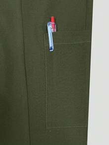 Solid Color V-Neck Short Sleeve Top And Split Leg Pants Nurse Scrub Uniform, Lab/ Center/Veterinary Hospital Work Wear Set With Pockets Spring - Army Green - View 11