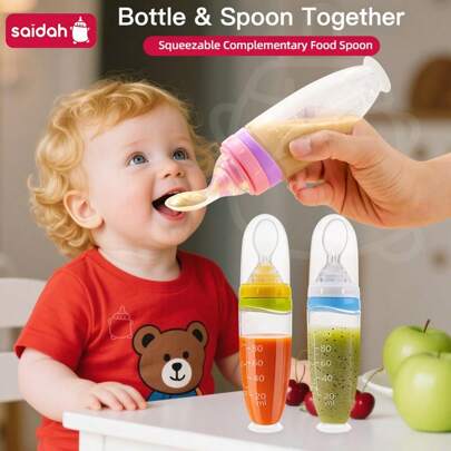 SAIDAH 120 Ml/4oz Infant Baby Liquid Silicone Food Squeeze Feeder | Fruit Puree & Rice Paste Dispenser | Detachable Spoon | Non-Slip Suction Base | Single-Hand Feeding Design