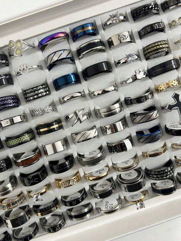 20/40/60/80 Pcs Bulk Wholesale Fashion Stainless Steel Embossed Rings Set, Matte Finish, Suitable For Men And Women Daily Wear, Festival Accessories, Various Designs(Assorted Styles, Sizes And Colors Sent Randomly, Not Limited To Photos, Per Actual Item)