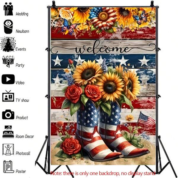 1pc Rustic American Sunflower Boots Photography Backdrop Vinyl, Farmhouse Style 2D Textured Background For 4th Of July Patriotic Photo Shoot, Indoor Outdoor Studio Props