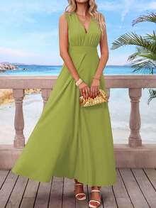 女式夏季无袖深 V 领收腰 A 字形连衣裙，纯色休闲舒适户外连衣裙 - 綠色 - 查看 2