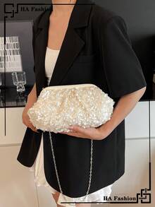 Cloud Pleated Multipurpose Sequins Party Wristlet Bag, Fashion Chain Shoulder Bag, Sequins Strap Crossbody Evening Bag - White - View 8