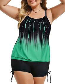 Womens Plus Size Striped Printed Strappy Tankini Top With Shorts Two Pieces Swimsuit - Green - View 2