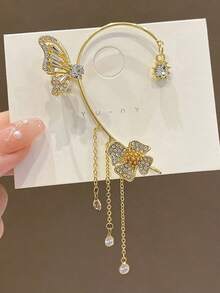 1 件奢华锆石蝴蝶女士耳夹，单流苏耳环，适合无耳洞耳朵，独特设计 - 銀色 - 查看 3