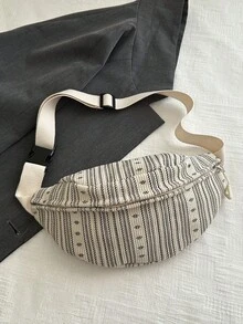 Fashion Large Capacity 2024 Striped Personalized Korean Style Shoulder Crossbody Waist Bag For Women - Beige - View 3