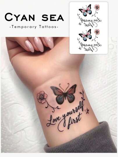 1pc Colorful Butterfly & Floral English Text Temporary Tattoo Sticker, Sexy Colorful Romantic Herbal Tattoo, Waterproof, Sweat-Proof, Y2K Minimalist Style Design For Finger, Palm, Arm, Suitable For Women
