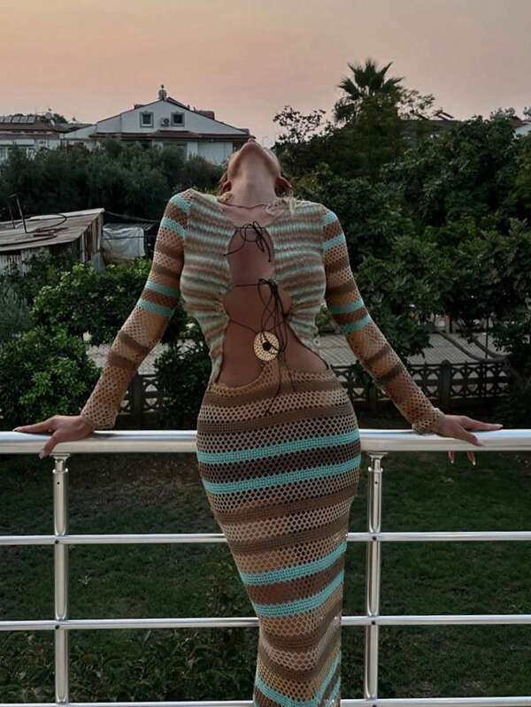 Summer Dresses For Women,Women's Clashing Striped Front Strap Metal Charm Dress,Beach Casual Vacation Long Sweater High Split Dresses Semi-Transparent V-Neck Long Dress,Holiday Beach Outfits For Woman,Music Festival Outfits,Carnival Outfits