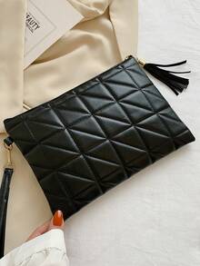 1 件纯色缝线格子 PU 信封式手拿包，拉链腕带袋，流苏时尚女士手提包，适合日常、旅行、购物、派对 - 黑色 - 查看 3