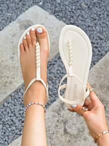 2025 Summer New Flat Flip-Flops Elegant Women's Shoes, Pearl Decor Casual Versatile Ladies Sandals, Comfortable Beach Resort Atmosphere Women Beach Shoes