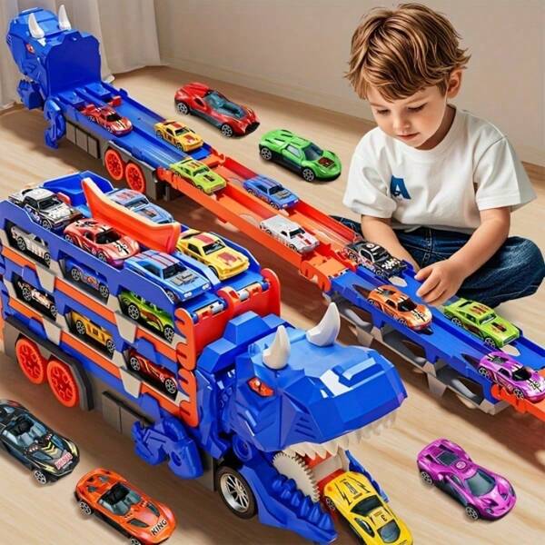 Dinosaur Truck Toy, Foldable Dinosaur Transport Truck Vehicle, Toy Tractor, Racing Track Car Set, Dinosaur Track Car Toy For Boys, Transport Truck Toy, Includes 2 Small Cars, Suitable For 3-5 Years Old Kids, Children Birthday Gift