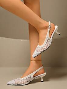 夏季新款针织方头凉鞋女薄款高跟透气网面露跟凉鞋