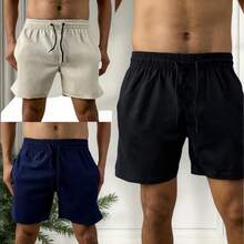 Set Of 3 Men's Premium Linen Shorts With 2 Side Pockets. - Navy Blue - View 1