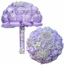 新娘婚礼奢华金叶蝴蝶珍珠花束，大型金钻缎带玫瑰婚礼花束，酒红色布艺永生花，布艺玫瑰人造花束情人节配饰 - 多款 - 查看 14