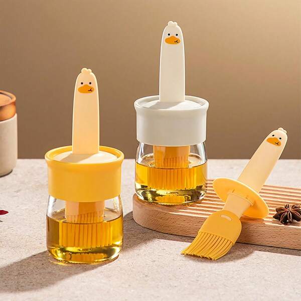 1pc Glass Oil Bottle, Silicone Oil Brush, Kitchen Oil Dispenser, Multi-Purpose Glass Container, Baking Brush With Oil Bottle, Barbecue Brush, High-Temperature Resistant Kitchen Pancake Brush, Honey Bottle, Seasoning Bottle, Oil Bottle, Kitchen Supplies, Creative Oil Brushes Suitable For Home Baking And Cooking, Applicable To Kitchen, Camping, Outdoor, Picnic, Barbecue, Kitchen Tools, Barbecue Accessories