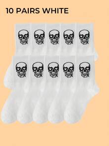 多双男士骷髅与魔鬼图案中筒袜，黑白相间，时尚百搭，柔软舒适，吸湿排汗，适合秋季穿着