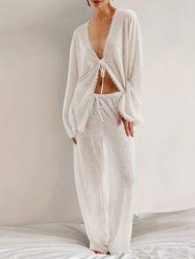 A Set Of Plain-Colored Semi-Transparent Fabric V-Neck Lace Long-Sleeved, Waist-Tied Straight-Leg Pants For Home Pajamas - 白色 - 查看 1