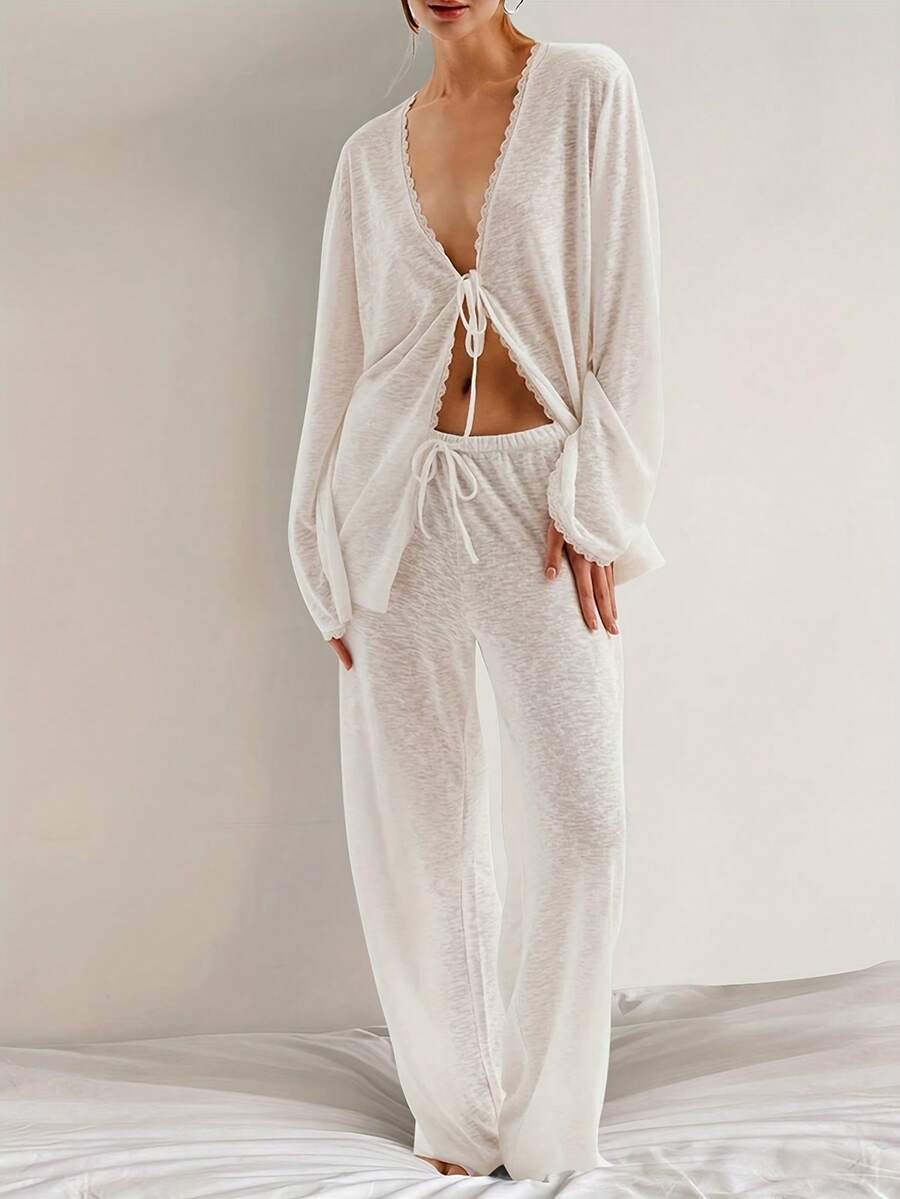 A Set Of Plain-Colored Semi-Transparent Fabric V-Neck Lace Long-Sleeved, Waist-Tied Straight-Leg Pants For Home Pajamas - 白色 - 查看 1