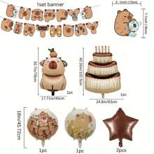 1set Capybara Theme Birthday Party Decoration Set: 6 Aluminum Foil Balloons + 1 Set Of "Happy Birthday" Letter Banners