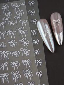 蝴蝶结指甲贴纸，2 张可爱指甲贴花银色蝴蝶结指甲贴纸 3D 美甲设计贴纸自粘蝴蝶结指甲用品女士 DIY 美甲配件