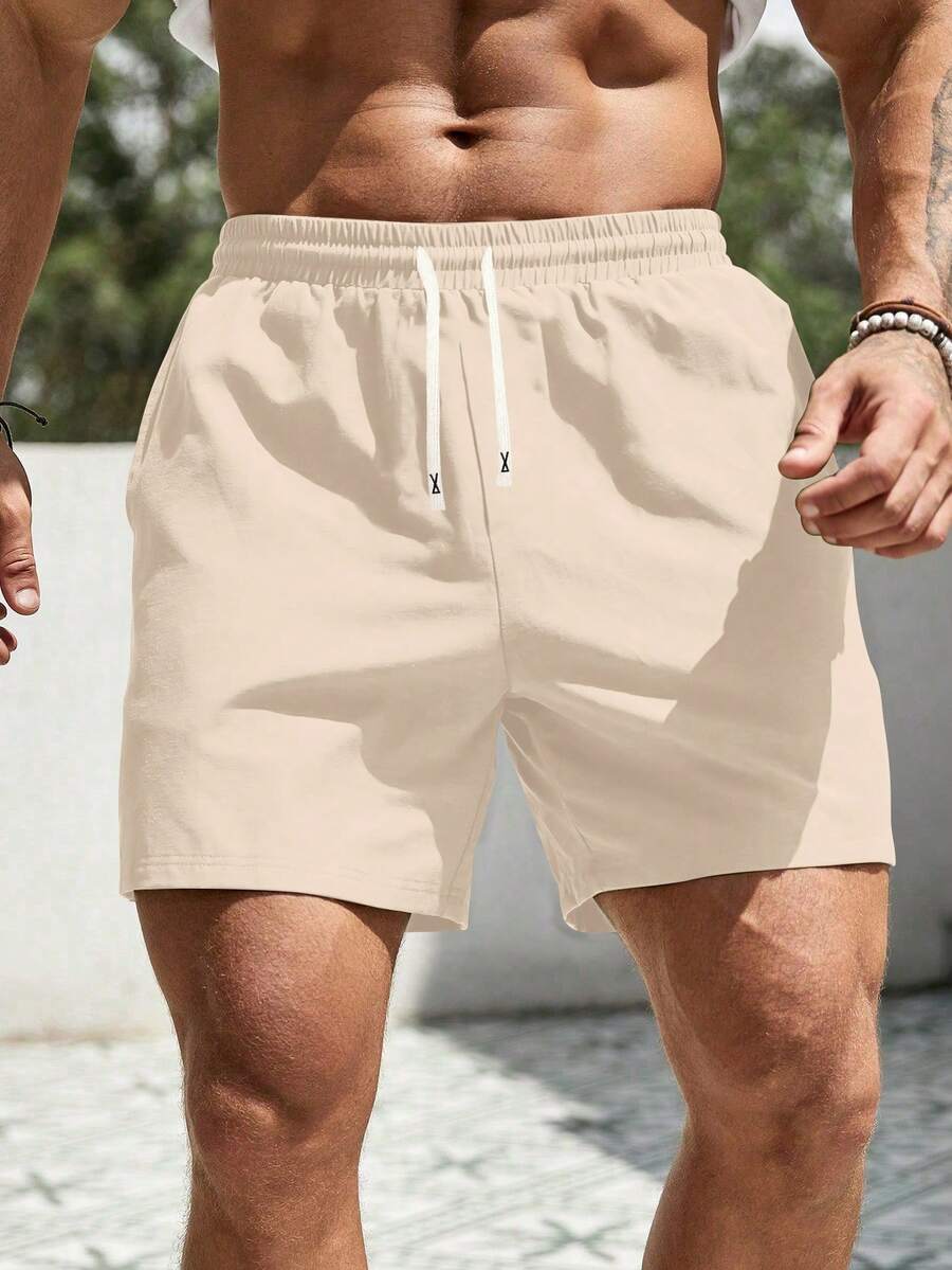 夏季新款男士短裤纯色裸色板休闲运动健身跑步浪漫约会松紧腰抽绳长裤户外露营男五分裤
