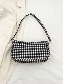1 Pc Fashion Versatile Plaid Shoulder Bag, Large Capacity, Zipper Closure, Suitable For Women's Daily Use - Black - View 9