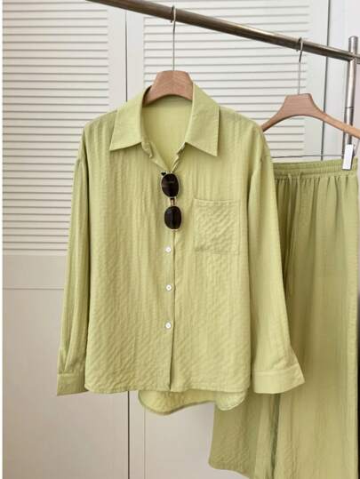 Nuevo conjunto de 2 piezas para mujer de moda casual, pantalones de pierna ancha y conjunto de camisa de unicolor