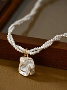1pc Retro French Style Pearl Necklace, High-End Enamel Drip Oil Camellia Flower Pendant Necklace, Suitable For Parties And Banquets