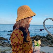 Classic Straw Braid Hat, Women's Beach Sun Hat, Versatile Bucket Hat, UV Protection, Spring/Summer Vacay Vibes Vacaciones Relax - Màu Khaki - Xem 4