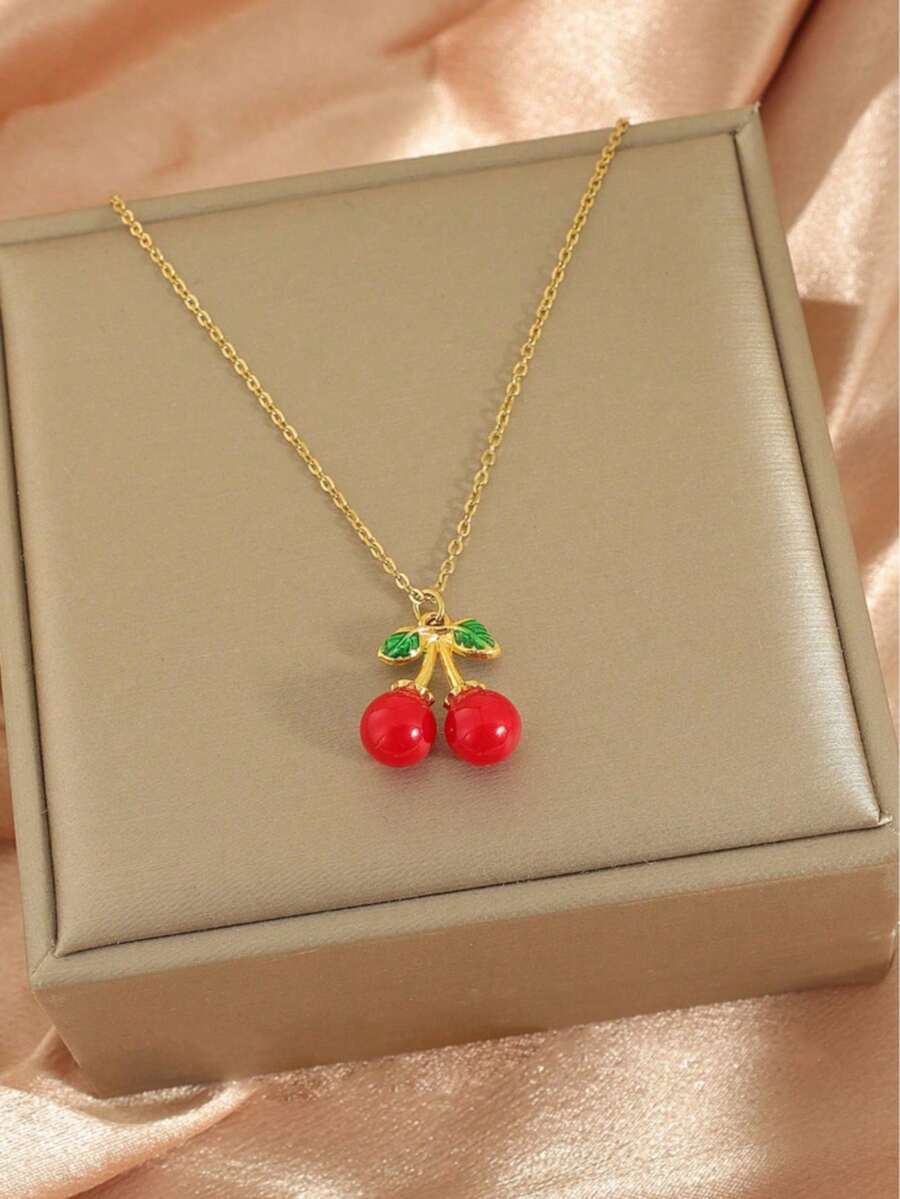 1pc High-End Red Cherry Pendant Necklace , Simple And Delicate, & Elegant Clavicle Chain(Without Box)