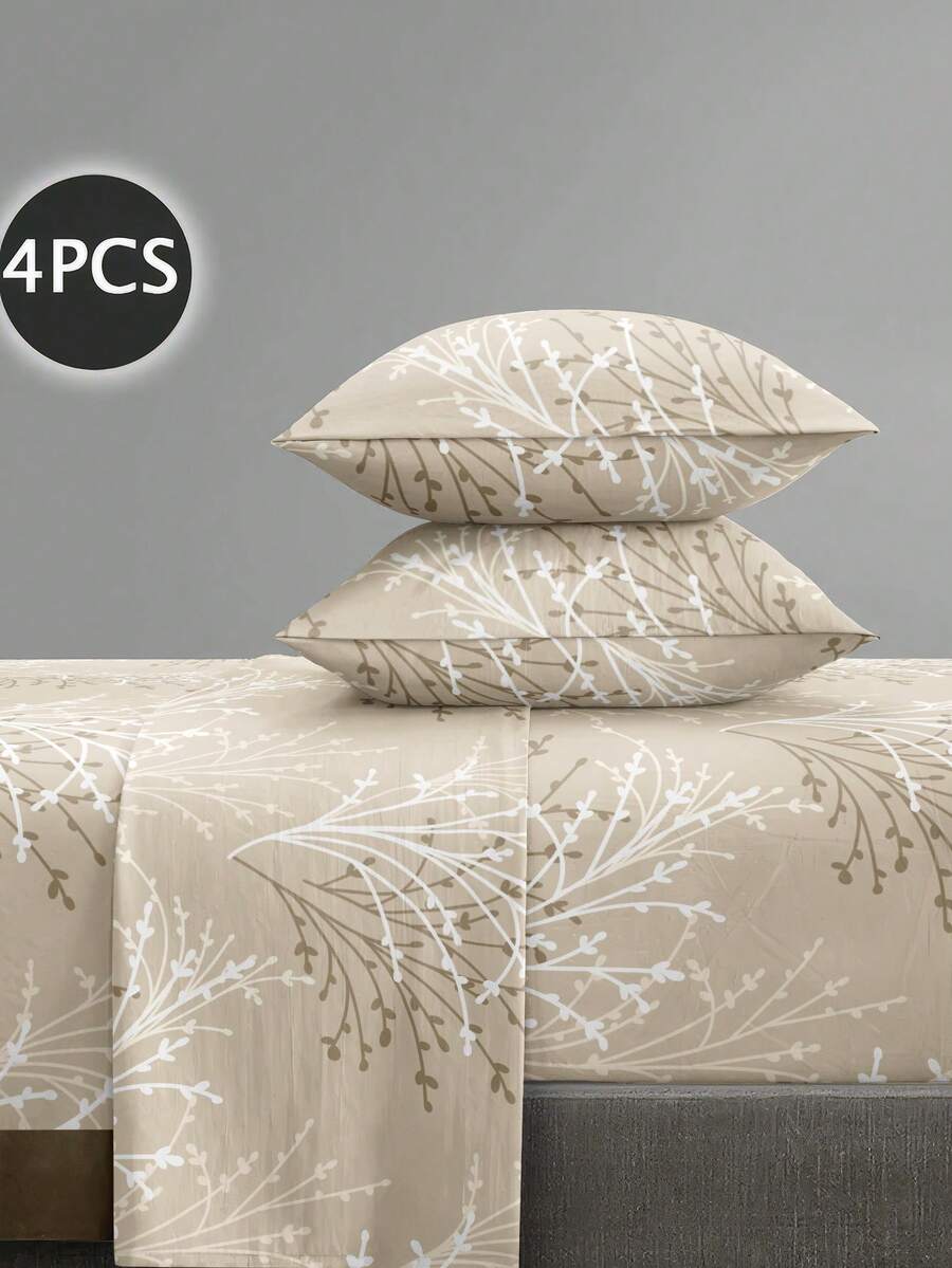 4 件卡其色植物叶子图案床单套件，易于护理超细纤维柔软床上用品套件，床笠套件（1 件床单+1 件床笠+2 个枕套），床笠套件，特大号双人床，全尺寸床单，深口袋，最大 11.8 英寸枕套，柔软透气防皱，更适合睡眠，豪华酒店风格，送给妈妈爸爸朋友的礼物，宿舍床上用品，回到学校 - 卡其色 - 查看 1