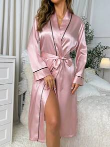 1 件女士优雅奢华 V 领腰带设计浴袍，时尚简约家居服女士性感开衫浴袍，长款浴袍，四季皆宜，浴室浴袍，长款睡衣，浴室睡衣，家居睡衣，适用于客厅、卧室、厨房、旅行、学校返校 - 粉色 - 查看 4
