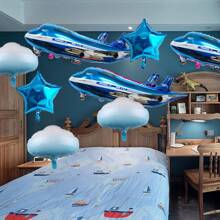 7 Stücke große Flugzeug, weiße Wolke, Stern Aluminium-Folienballons, geeignet für Geburtstagsfeiern, Piloten-Abenteuer-Thema Dekoration