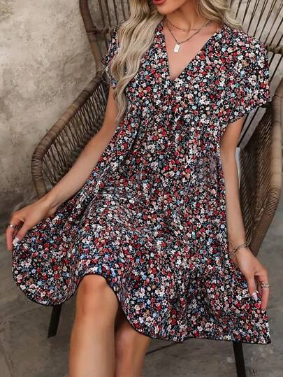 Vestido largo de verano con escote en V, manga corta y estampado floral pequeño para mujer talla grande