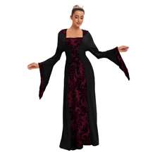Bestseller mode femme européenne et américaine pour dîner, robe ample à capuche médiévale, cravate imprimée rétro artistique à manches longues, taille cintrée pour Halloween