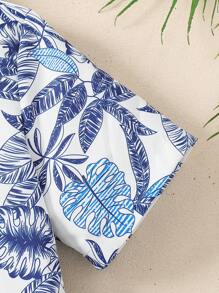 2pcs/Set Tween Boys' Hawaiian Vacation Tropical Leaves Print Short Sleeve Shirt And Shorts Set, Perfect For Summer Casual & Outdoor Wear