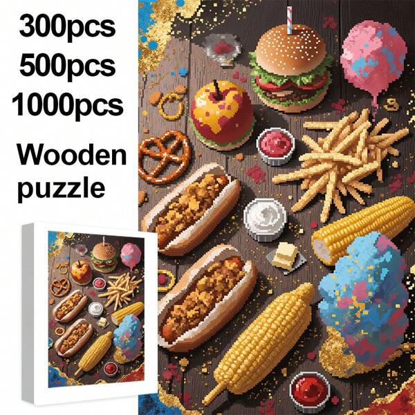 1000/500/300 Piece Vertical Wooden Pixel Food Party Jigsaw Puzzles For Adults, Visually Appealing, Improve Mood, Memory, Thinking And Manipulation, Suitable For Game Night Challenging Puzzles, Indoor Wall Decor, Great Holiday Gift