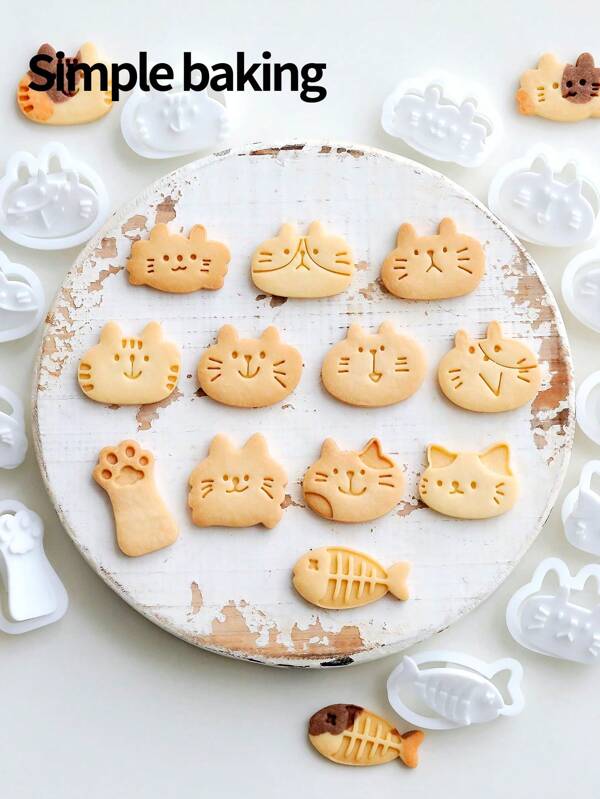 A Cute Little Cat Patterned Cookie Mold, A Parent-Child Frosting Cookie Tool, Back-To-School Season Bento Supplies, A Cookie Stamp With Cat, Cat PAWS And Little Fish Cartoon Patterns, A Cookie Cutter, A Dessert Mold