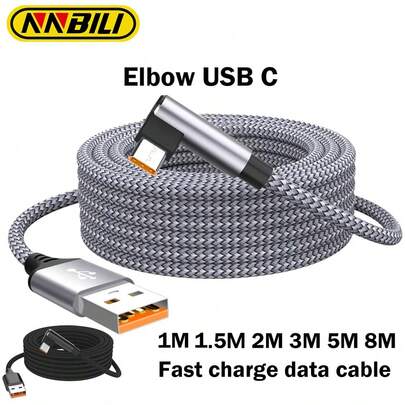 NNBILI 6A Elbow USB Type C Fast Charge 1/1.5/2/3/5/8M Phone Extend Charging Cable Compatible With Samsung Compatible With Huawei Compatible With Xiaomi Compatible With VR Camera 8M Overlength Cable(Please Be Aware That The Longer The Cable, The Slower The Charging Power. If You Need Fast Charging, Please Choose A Cable With A Shorter Length,Data Cables Over 3 Meters Do Not Support Data Transmission)