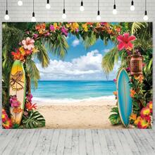 1 pièce Bannière 2D avec un paysage floral tropical et un fond de plage hawaïenne vibrant avec des arbres tropicaux et un design de planche de surf - convient pour les mariages, les anniversaires, les célébrations - sans électricité requise