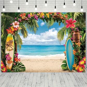 1pc 2D Banner With Tropical Floral And Sky Landscape Vibrant Hawaiian Beach Background, Palm Trees And Surfboard Design - Suitable For Wedding, Birthday, Anniversary And Celebration Events - No Electricity Required