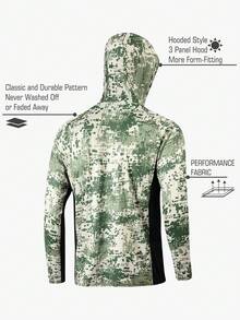 男士高性能连帽钓鱼衬衫，内置绑腿，柔软透气面料，迷彩设计，防紫外线钓鱼服
