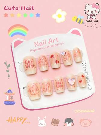 Sanrio Cute Nail Art 10pcs/Set Cute Handmade Nails Square Nail Tips, Cute Cat Animal Cartoon Series False Nails Short Nails Square Nail Tips | Japanese Handmade Pressed Nails For Meetings And Professional Looks Holiday Decorations Holiday False Nails 1pc Mini Nail File And 1pc Adhesive Label Gift For Women And Girls
